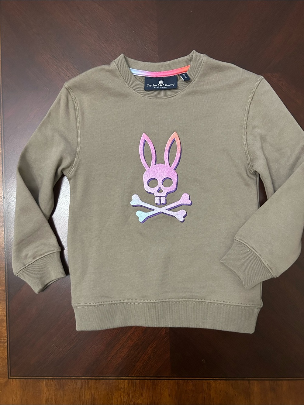 Psycho Bunny Kids Olive Green Sweatshirt with Pastel Bunny Skull